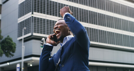 Excited businessman, phone call and celebration in city for positive news, commute or deal success....
