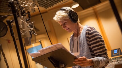 Voice actor wearing headphones, reading animated script on tablet, surrounded by high-end recording equipment