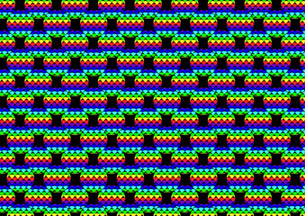 Retro pixel-art pattern with repeating rainbow-colored horizontal stripes and black gaps — vibrant, nostalgic design evoking 8-bit video games or digital art aesthetics.