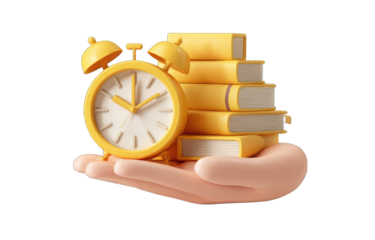 Hand holding a yellow alarm clock and stack of yellow books