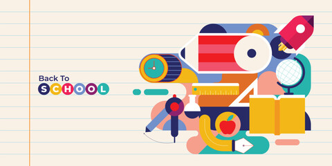 Vibrant back to school background design in geometric flat style. Colorful illustration concept for banners, posters, school supplies, and education themed promotions