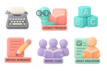 Educational program icons: literacy, workshops, book clubs, and adult learning