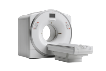 Modern white medical CT scanner,  circular gantry,  patient table