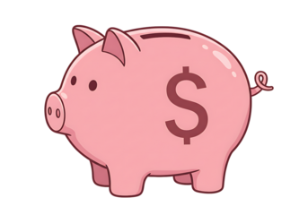 Pink piggy bank with money and dollar sign icon on white background