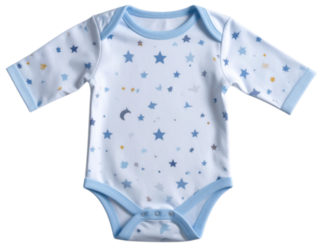Baby Onesie Featuring Playful Star and Moon Pattern, Angled Side Perspective, isolated