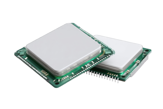 Two computer central processing units (CPUs) side-by-side, showcasing their metallic top and green circuit boards