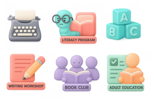 Educational program icons: literacy, workshops, book clubs, and adult learning