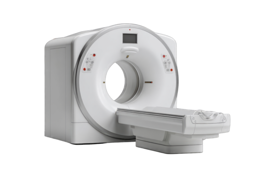 Modern white medical CT scanner,  circular gantry,  patient table