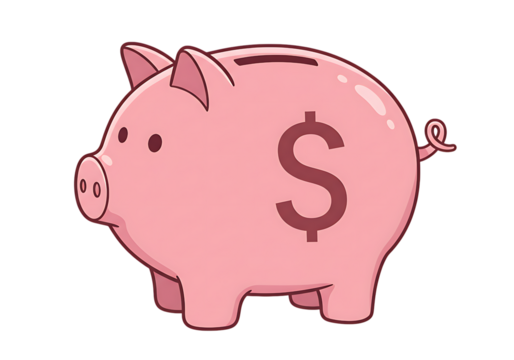 Pink piggy bank with money and dollar sign icon on white background