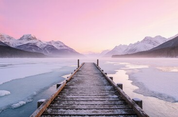 Obraz premium Peaceful winter sunset over frozen lake and snowy mountain pier