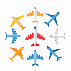 Fototapeta premium Airplane icon set with passenger jet, cargo plane, and paper plane. Perfect for travel, aviation, and transportation projects in flat vector style