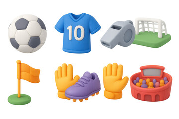 Fototapeta premium 3d soccer icons: ball, jersey, whistle, and more for sports enthusiasts