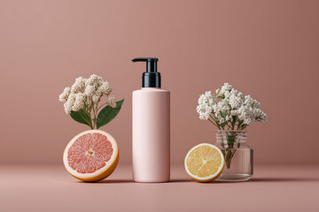 Minimalist product shot with citrus and flowers on pink backdrop
