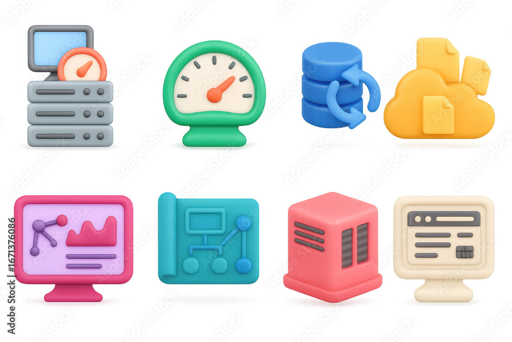 Poster colorful 3d icons of technology and cloud computing with server, database, and data analytics symbol