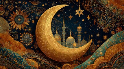 Eid Mubarak card golden crescent moon stars arabic patterns mosque silhouette background vibrant colors no people