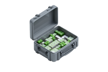 Gray case open, filled with green blocks forming a design