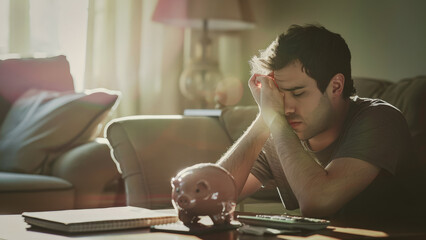 Stressed man calculating home finances with piggy bank