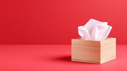 Wooden tissue box against red for functional Labor Day product shot.