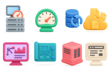 Colorful 3d icons of technology and cloud computing with server, database, and data analytics symbols