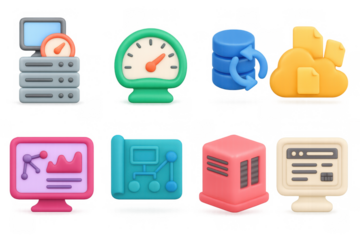 Colorful 3d icons of technology and cloud computing with server, database, and data analytics symbols