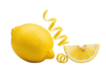 A pristine whole lemon angled at 45 degrees, delicate lemon zest spirals, and a translucent lemon slice against a clean transparent studio background, concept of natural freshness