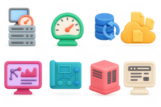 Colorful 3d icons of technology and cloud computing with server, database, and data analytics symbols