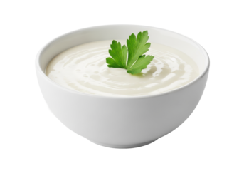 transparent ceramic bowl with luscious off-white white wine cream sauce, vibrant green parsley sprig, isolated on transparent background, concept of culinary perfection