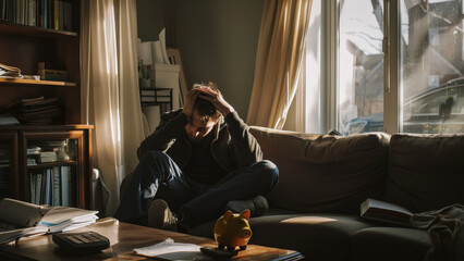 Stressed man calculating home finances with piggy bank