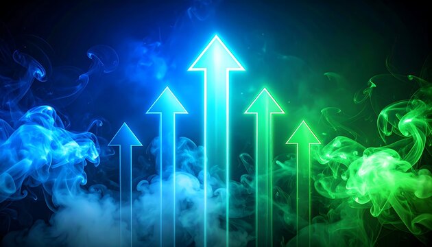 Glowing neon arrows ascend through colorful smoke