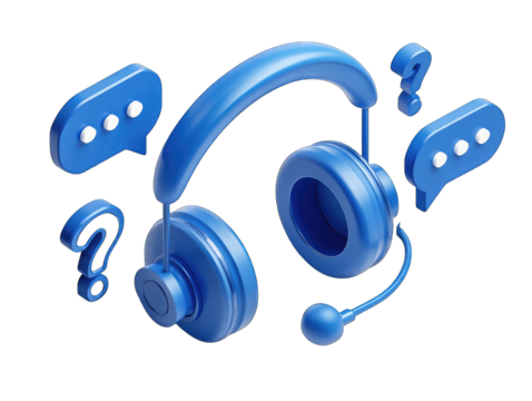 Blue headset with question marks and chat bubbles. 3D rendering