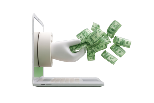 Digital hand emerges from laptop, dispensing cash