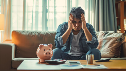 Stressed man calculating home finances with piggy bank
