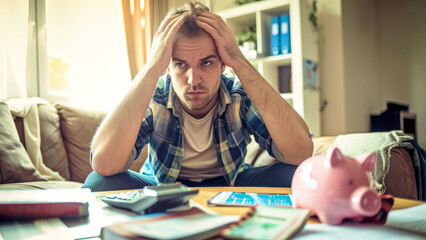 Stressed man calculating home finances with piggy bank