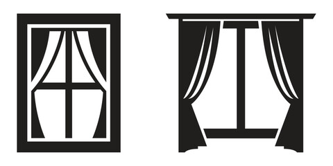 Black silhouette vector collection of windows with curtains