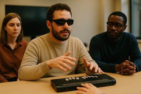 Three colleagues collaborate around a braille display device during an accessibility-focused discussion in a modern office setting.