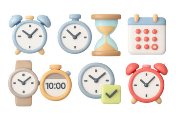 3d cute clock and time management icons collection in pastel colors