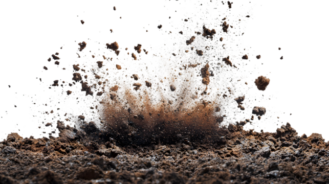 Explosive soil dirt eruption with debris flying in mid air isolated on transparent background