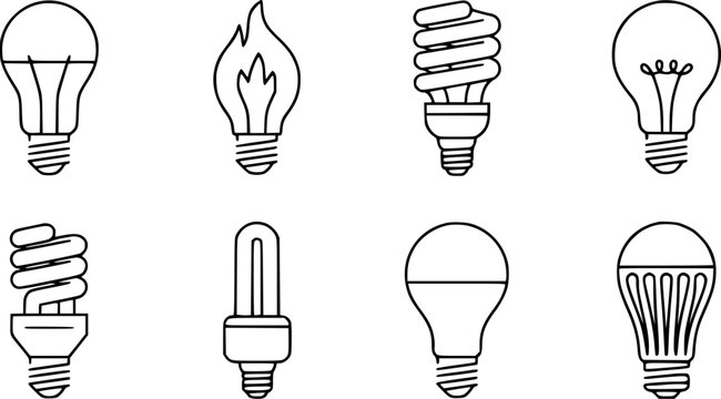 Collection of various light bulb icons, including LED, CFL, and incandescent designs