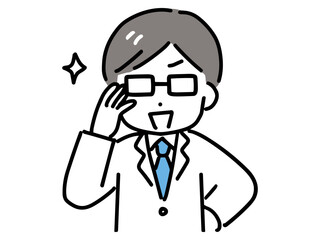 眼鏡をキラーンとさせて笑う白衣＆メガネの若い男性(上半身・正面)
