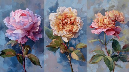 Three vibrant roses, in pastel shades of pink, peach, and yellow, detailed floral still life