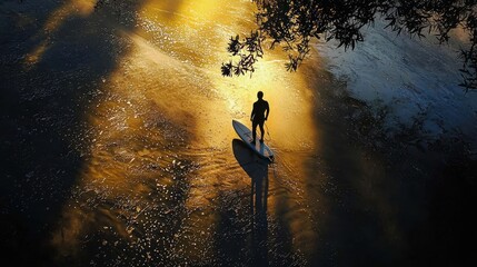 Man paddle boarding on calm water at sunset.
