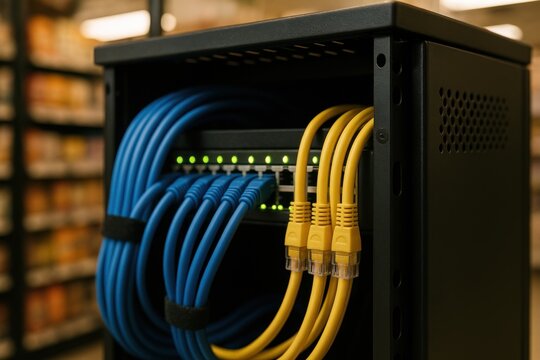 Close-up of colorful ethernet cables plugged into switch ports with green lights, emphasizing active network connectivity and organization. - Powered by Adobe