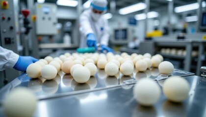 egg factory sorting line hand sanitizing stainless control handle before operation, photo realistic style, high resolution, clear composition