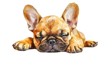French bulldog puppy lying down isolated on transparent background