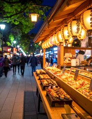 Night market scene with food stalls, lanterns, and blurred pedestrians