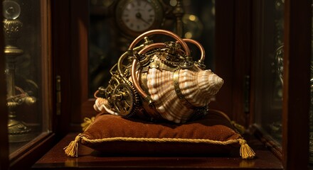 Intricate Steampunk Conch Shell with Brass Gears and Copper Pipes on Velvet Cushion
