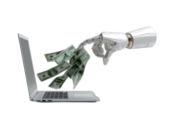 Robotic hand emerging from a laptop, grasping money