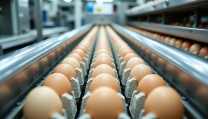 egg factory sorting line eggs rolling evenly spaced under disinfected machinery, photo realistic style, high resolution, clear composition