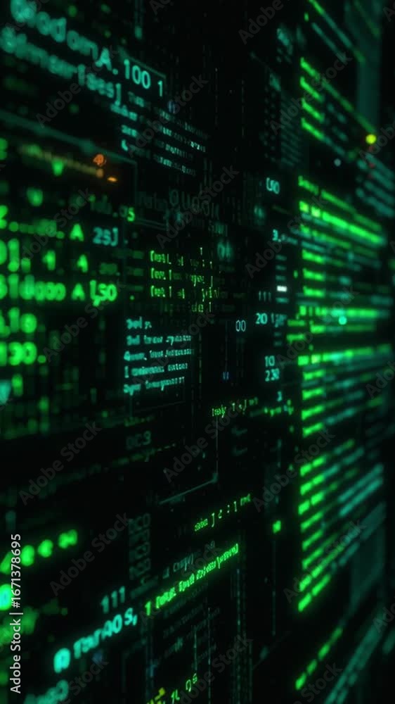 Poster abstract green digital code scrolling on black screen