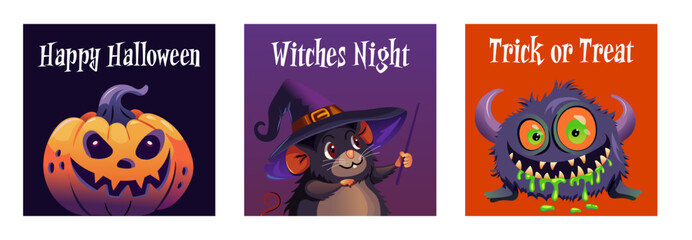 Halloween greeting cards with spooky cartoon characters
